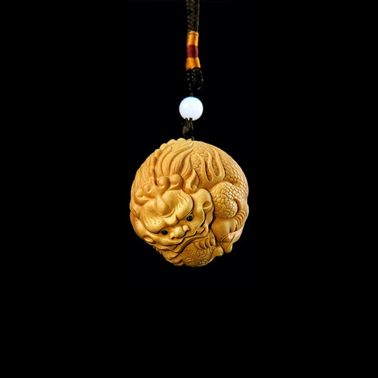 4-6cm Lucky Pixiu Ball Keychain Boxwood Statue Feng Shui Pendant Male Handle Handle Carved Crafts Car Hanging