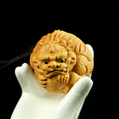 4-6cm Lucky Pixiu Ball Keychain Boxwood Statue Feng Shui Pendant Male Handle Handle Carved Crafts Car Hanging