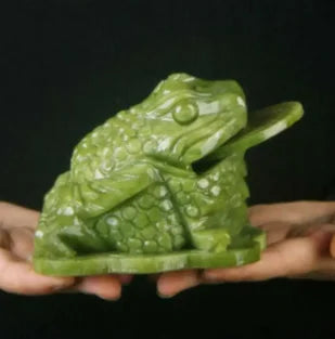4" China Green Jade Hand-Carving Fengshui Golden Money Wealth Animal Toad Statue Mascot Statues Et Sculptures Home Decor