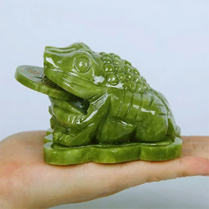 4" China Green Jade Hand-Carving Fengshui Golden Money Wealth Animal Toad Statue Mascot Statues Et Sculptures Home Decor