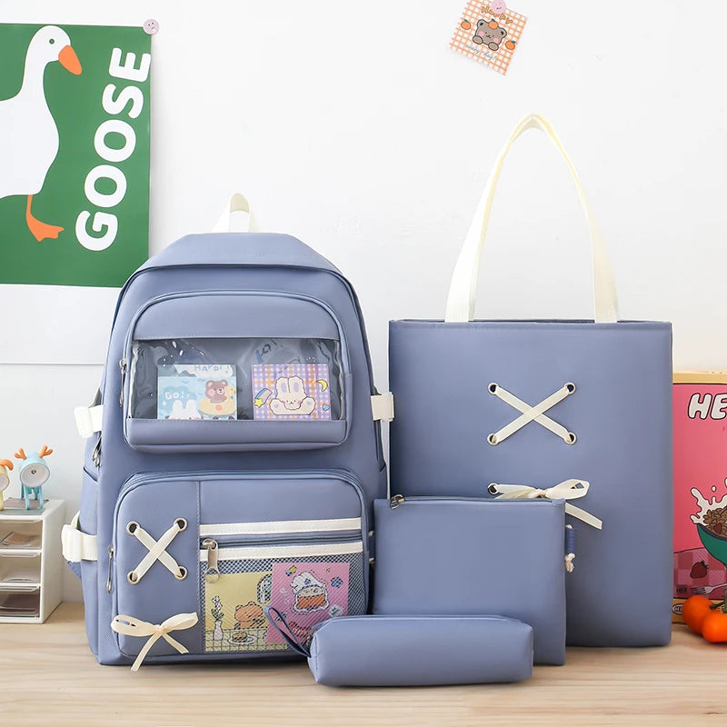 4 In 1 Canvas Women Backpack Multiple Pockets Travel Backpack Trendy PVC School Bag for Girls Waterproof Storage Backpacks