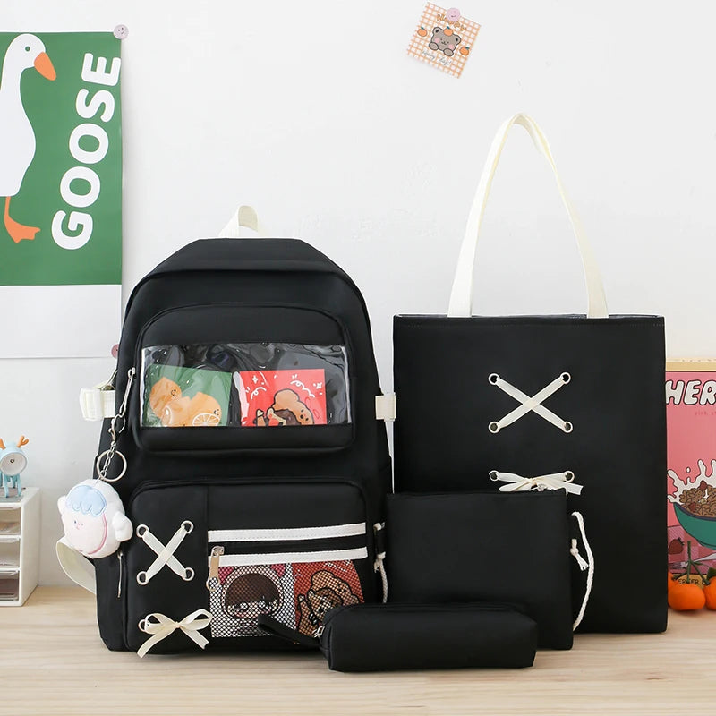 4 In 1 Canvas Women Backpack Multiple Pockets Travel Backpack Trendy PVC School Bag for Girls Waterproof Storage Backpacks