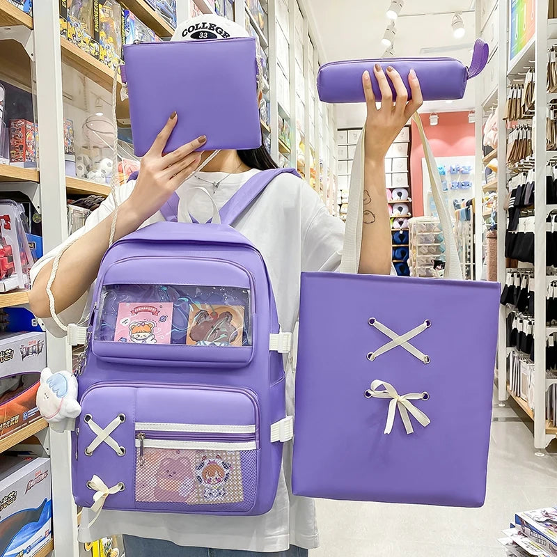 4 In 1 Canvas Women Backpack Multiple Pockets Travel Backpack Trendy PVC School Bag for Girls Waterproof Storage Backpacks