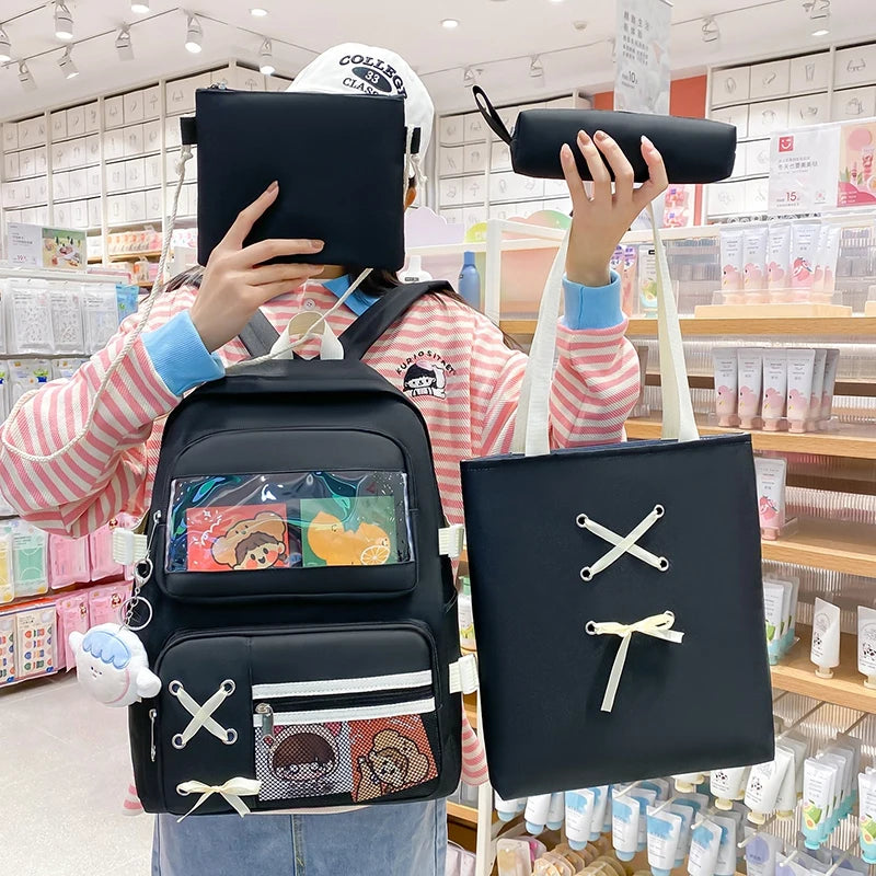 4 In 1 Canvas Women Backpack Multiple Pockets Travel Backpack Trendy PVC School Bag for Girls Waterproof Storage Backpacks