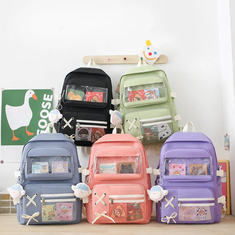 4 In 1 Canvas Women Backpack Multiple Pockets Travel Backpack Trendy PVC School Bag for Girls Waterproof Storage Backpacks