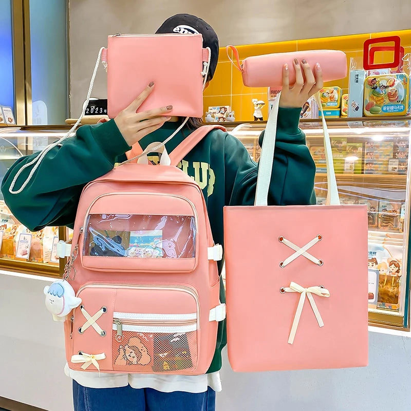 4 In 1 Canvas Women Backpack Multiple Pockets Travel Backpack Trendy PVC School Bag for Girls Waterproof Storage Backpacks