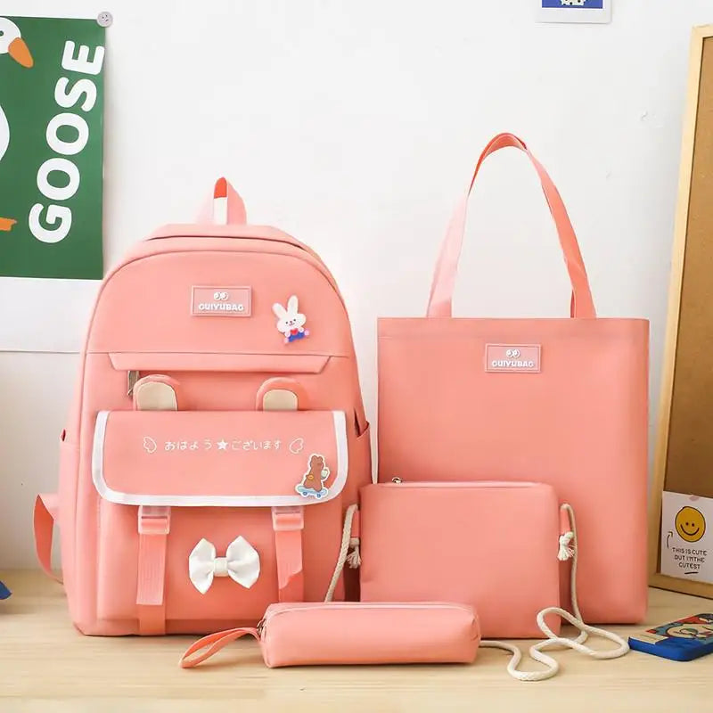 4 In 1 Summer New Women Backpack Trendy Badge School Bag For Girls Large Capacity Travel Backpacks Casual Student Bookbags