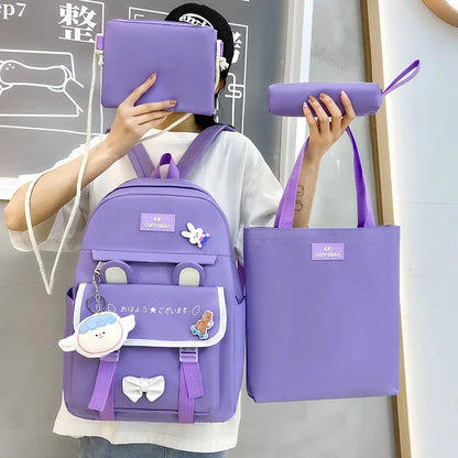 4 In 1 Summer New Women Backpack Trendy Badge School Bag For Girls Large Capacity Travel Backpacks Casual Student Bookbags