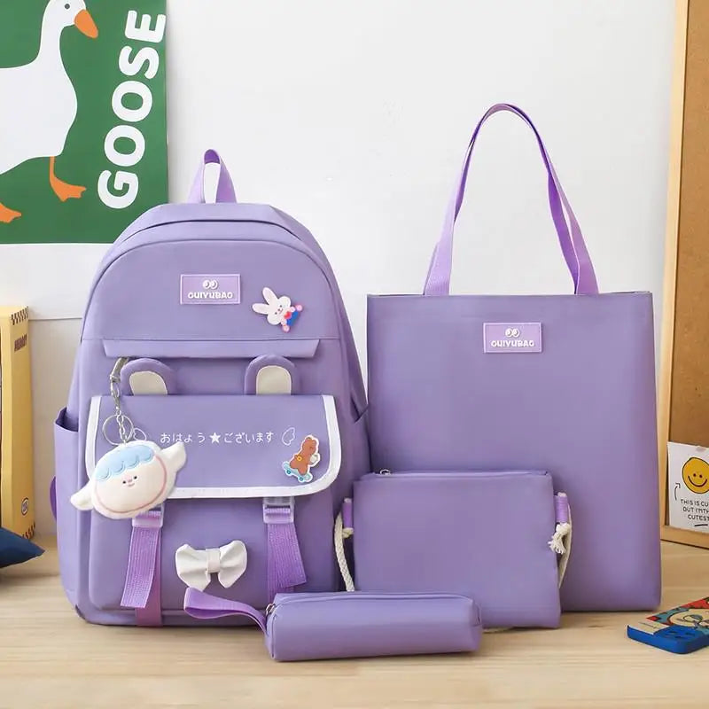 4 In 1 Summer New Women Backpack Trendy Badge School Bag For Girls Large Capacity Travel Backpacks Casual Student Bookbags