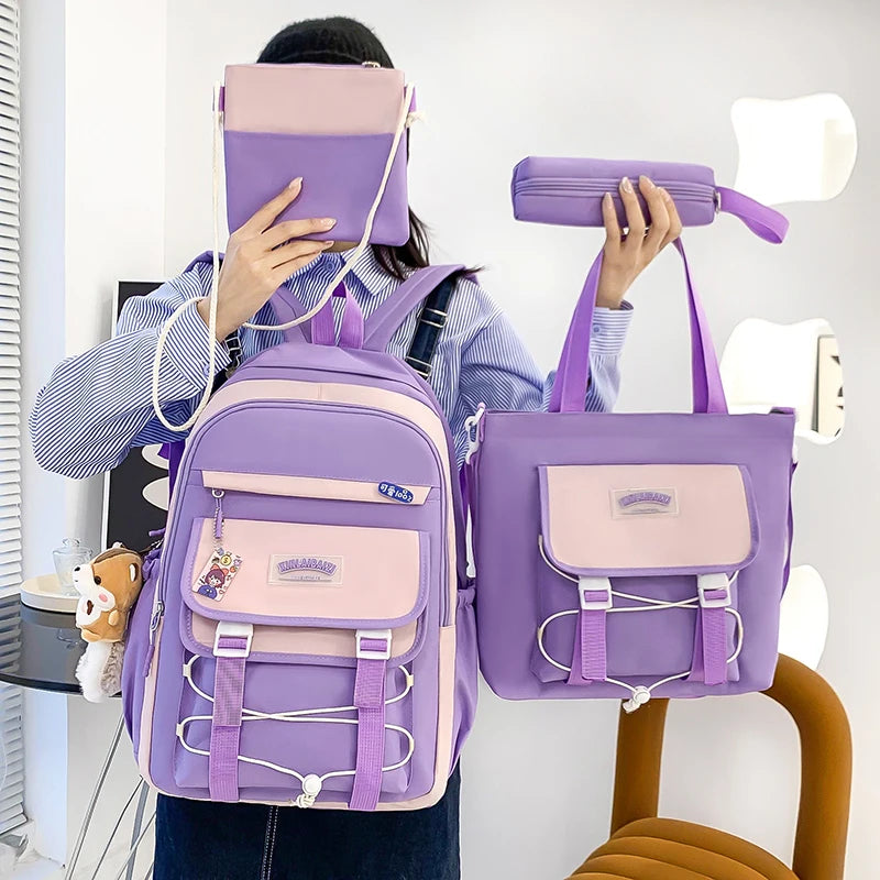 4 In 1 Women Backpack Trendy Pendant School Bag for Girls Large Capacity Female Travel Backpacks Waterproof Student Bookbags