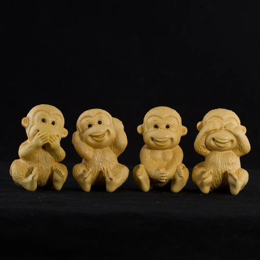 4 No Monkeys Small Wood Statue Sculpture Chinese Boxwood Lucky Creative Figurine Home Decoration Miniature
