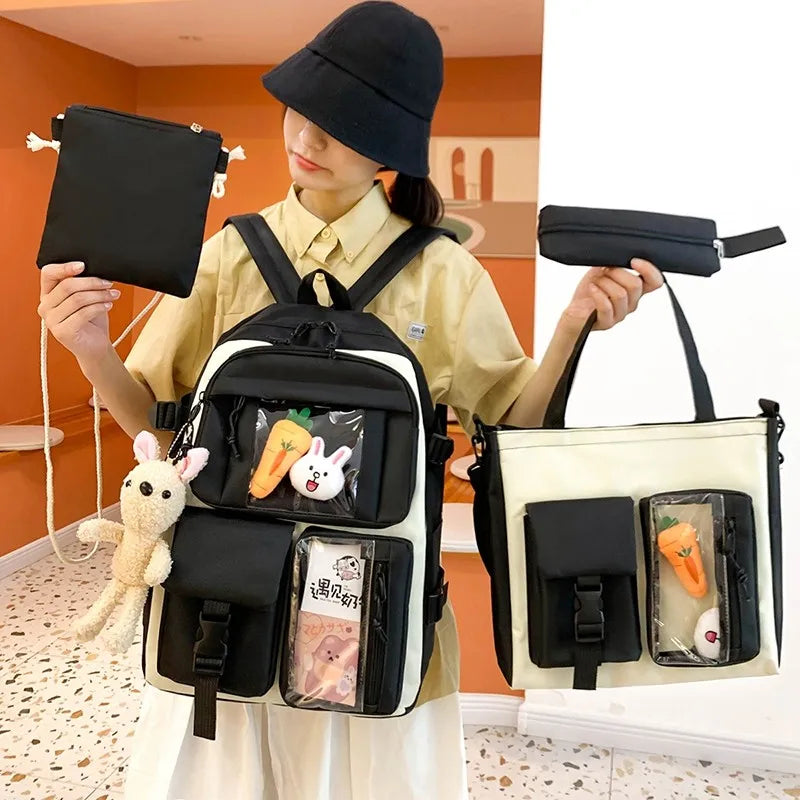 4 Pcs Set Kawaii Women Backpack Cute School Bag Teenage For Girls Scoolbag Large Capacity Female Bookbags Travel Bags 2022 New