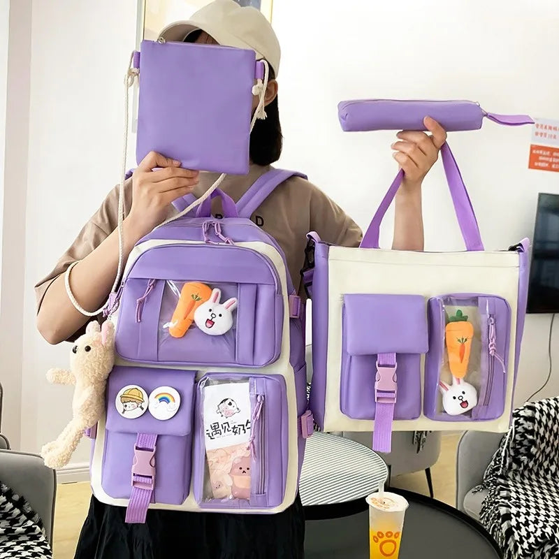 4 Pcs Set Kawaii Women Backpack Cute School Bag Teenage For Girls Scoolbag Large Capacity Female Bookbags Travel Bags 2022 New