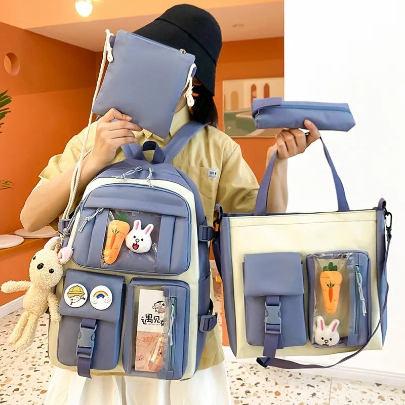4 Pcs Set Kawaii Women Backpack Cute School Bag Teenage For Girls Scoolbag Large Capacity Female Bookbags Travel Bags 2022 New