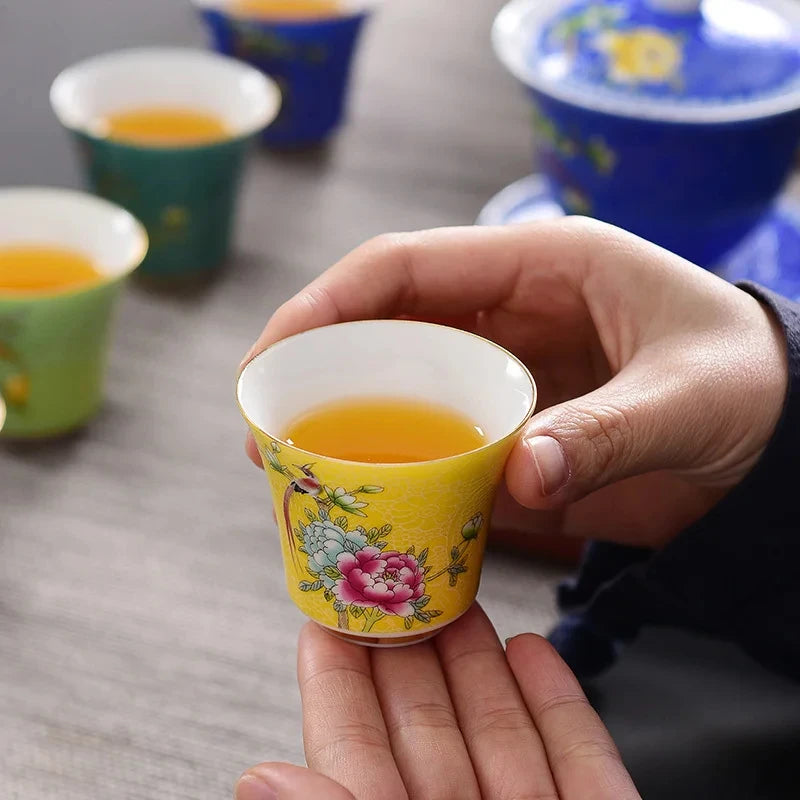 4 Pcs/set Jingdezhen Exquisite Ceramic Teacup Hand Painted Flowers and Birds Enamel Tea Set Travel Portable Tea Bowl Master Cup