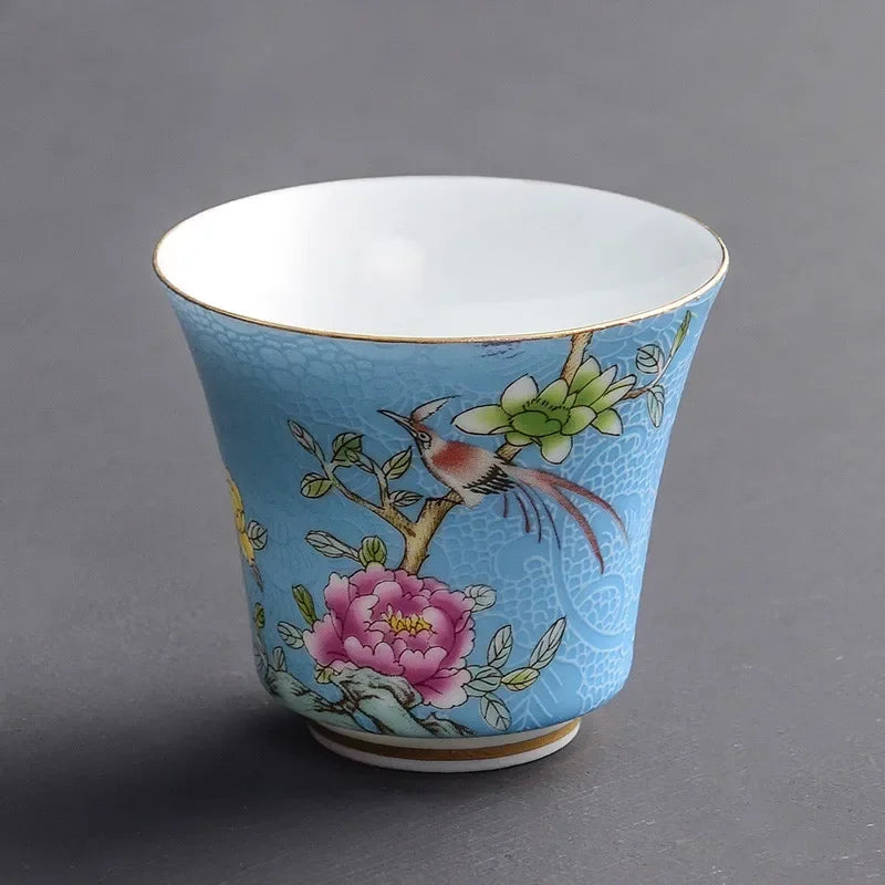 4 Pcs/set Jingdezhen Exquisite Ceramic Teacup Hand Painted Flowers and Birds Enamel Tea Set Travel Portable Tea Bowl Master Cup
