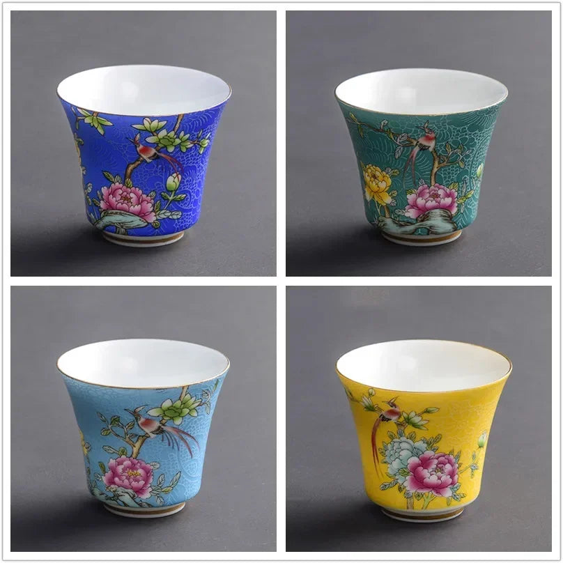 4 Pcs/set Jingdezhen Exquisite Ceramic Teacup Hand Painted Flowers and Birds Enamel Tea Set Travel Portable Tea Bowl Master Cup
