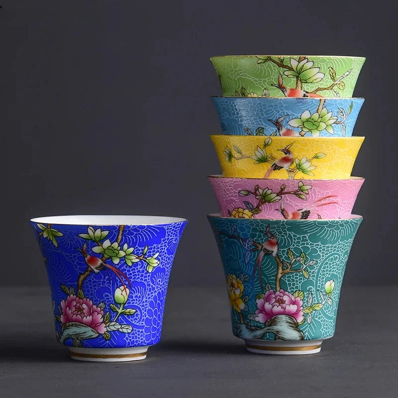4 Pcs/set Jingdezhen Exquisite Ceramic Teacup Hand Painted Flowers and Birds Enamel Tea Set Travel Portable Tea Bowl Master Cup