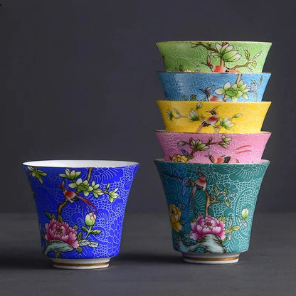 4 Pcs/set Jingdezhen Exquisite Ceramic Teacup Hand Painted Flowers and Birds Enamel Tea Set Travel Portable Tea Bowl Master Cup