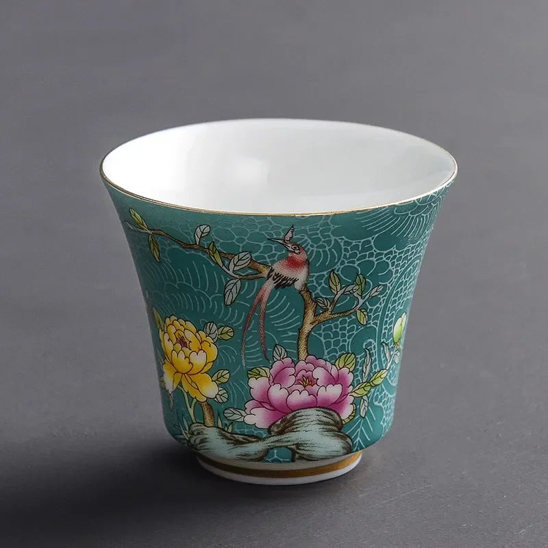 4 Pcs/set Jingdezhen Exquisite Ceramic Teacup Hand Painted Flowers and Birds Enamel Tea Set Travel Portable Tea Bowl Master Cup