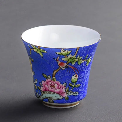 4 Pcs/set Jingdezhen Exquisite Ceramic Teacup Hand Painted Flowers and Birds Enamel Tea Set Travel Portable Tea Bowl Master Cup