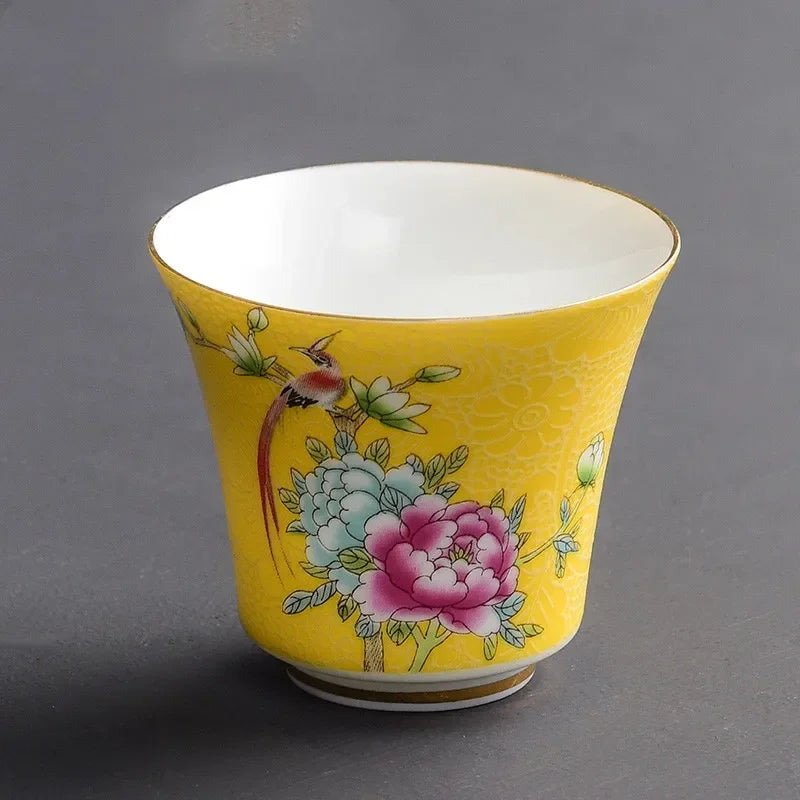 4 Pcs/set Jingdezhen Exquisite Ceramic Teacup Hand Painted Flowers and Birds Enamel Tea Set Travel Portable Tea Bowl Master Cup