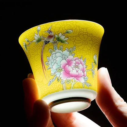 4 Pcs/set Jingdezhen Exquisite Ceramic Teacup Hand Painted Flowers and Birds Enamel Tea Set Travel Portable Tea Bowl Master Cup