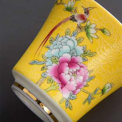 4 Pcs/set Jingdezhen Exquisite Ceramic Teacup Hand Painted Flowers and Birds Enamel Tea Set Travel Portable Tea Bowl Master Cup