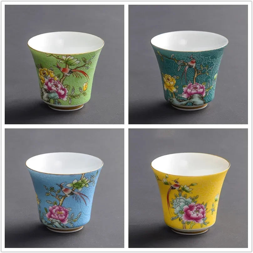 4 Pcs/set Jingdezhen Exquisite Ceramic Teacup Hand Painted Flowers and Birds Enamel Tea Set Travel Portable Tea Bowl Master Cup