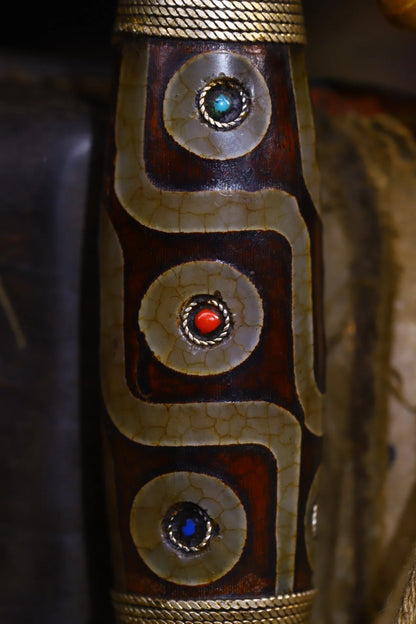 4"Tibet Temple Collection Old Natural Agate mosaic Gem gZi Beads Nine Eyes Pendant Amulet Town House Exorcism