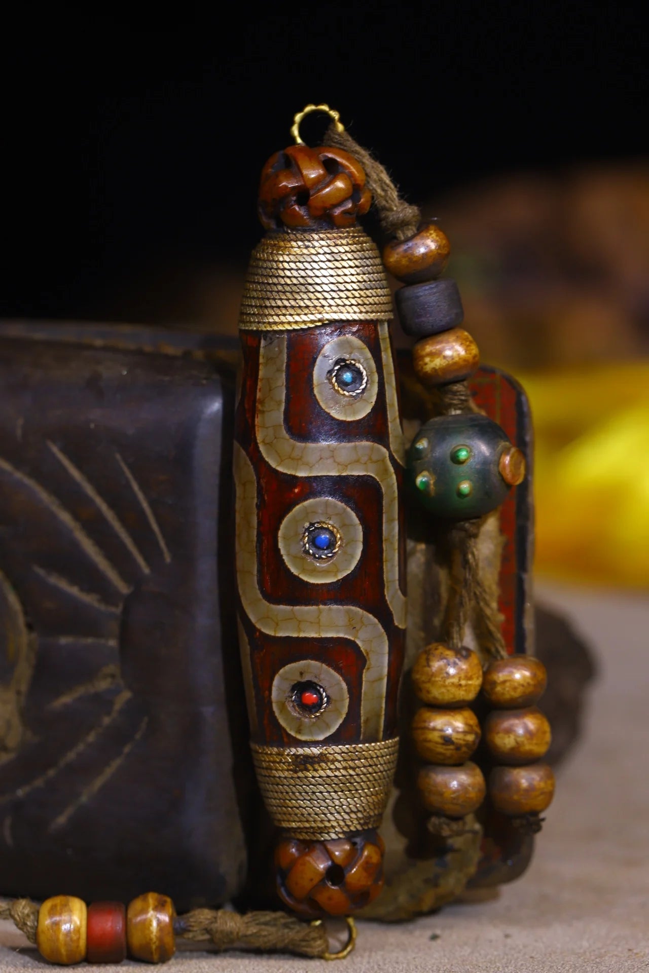 4"Tibet Temple Collection Old Natural Agate mosaic Gem gZi Beads Nine Eyes Pendant Amulet Town House Exorcism