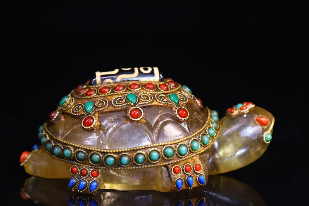 4"Tibet Temple Collection Old Natural Crystal Mosaic Gem gZi Beads Turtle Statue Pendant Amulet Dharma Worship Hall