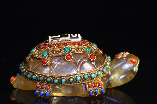 4"Tibet Temple Collection Old Natural Crystal Mosaic Gem gZi Beads Turtle Statue Pendant Amulet Dharma Worship Hall
