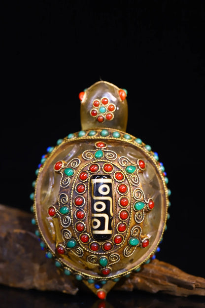 4"Tibet Temple Collection Old Natural Crystal Mosaic Gem gZi Beads Turtle Statue Pendant Amulet Dharma Worship Hall