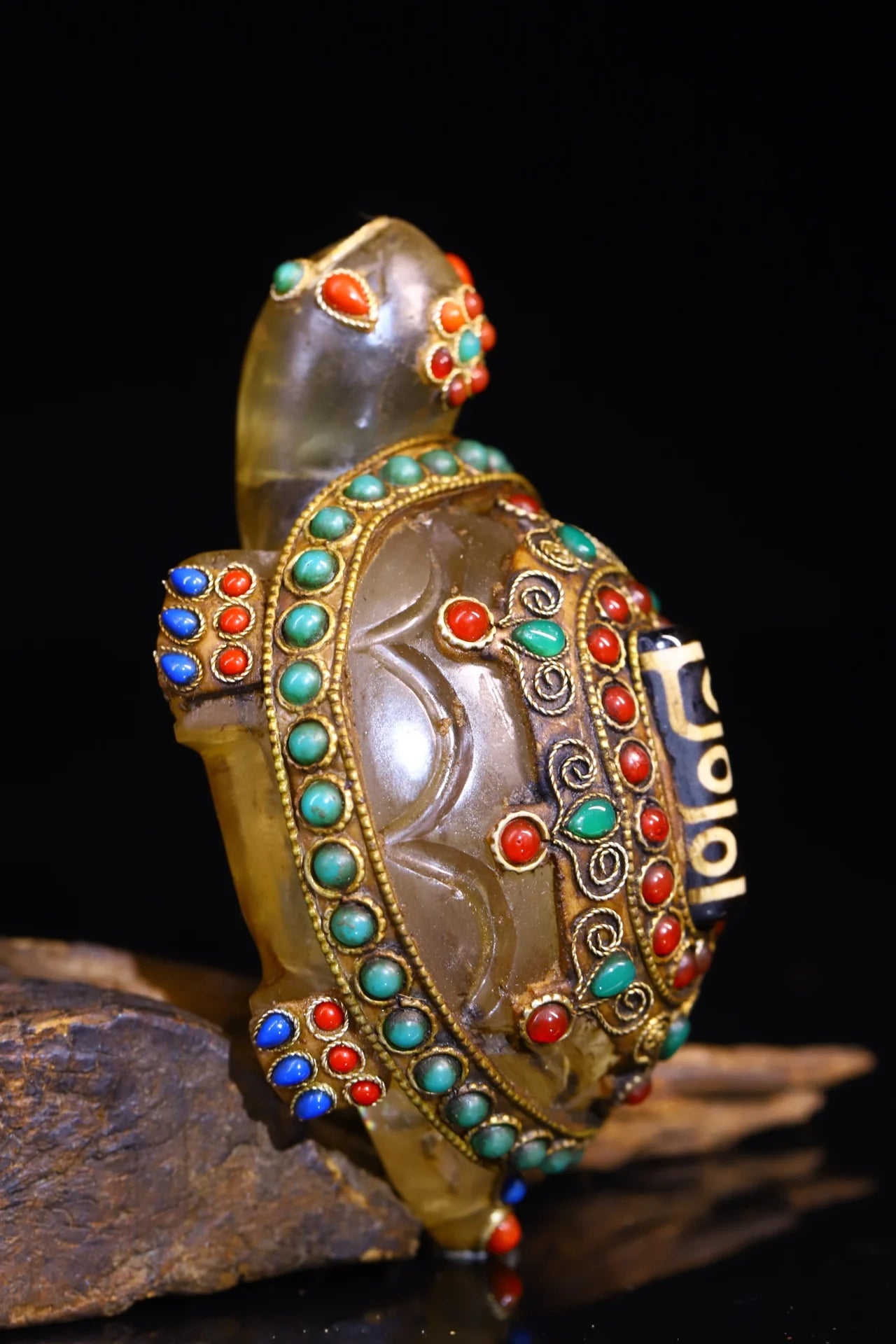 4"Tibet Temple Collection Old Natural Crystal Mosaic Gem gZi Beads Turtle Statue Pendant Amulet Dharma Worship Hall