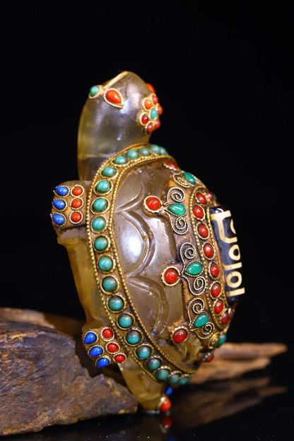 4"Tibet Temple Collection Old Natural Crystal Mosaic Gem gZi Beads Turtle Statue Pendant Amulet Dharma Worship Hall