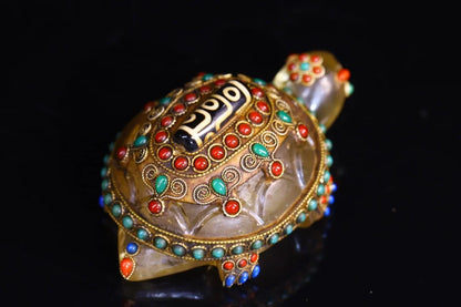 4"Tibet Temple Collection Old Natural Crystal Mosaic Gem gZi Beads Turtle Statue Pendant Amulet Dharma Worship Hall