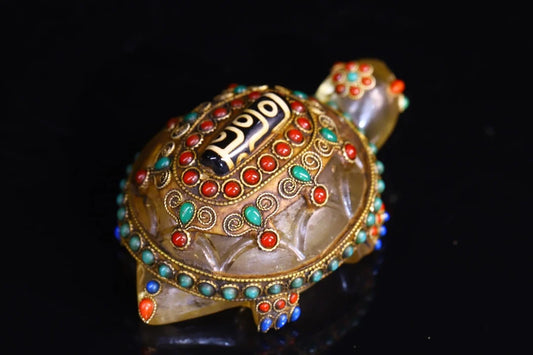 4"Tibet Temple Collection Old Natural Crystal Mosaic Gem gZi Beads Turtle Statue Pendant Amulet Dharma Worship Hall