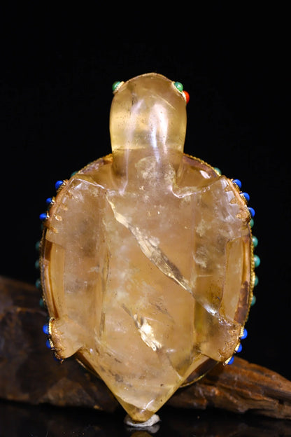 4"Tibet Temple Collection Old Natural Crystal Mosaic Gem gZi Beads Turtle Statue Pendant Amulet Dharma Worship Hall
