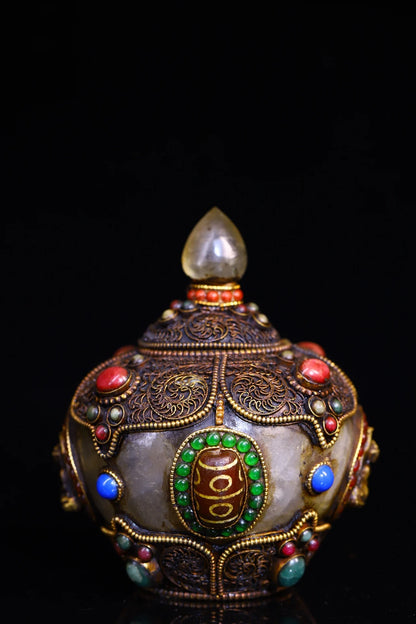 4"Tibet Temple Collection Old Natural Crystal mosaic Gem gZi Beads Buddha Jar Relics jar Amulet Dharma Worship Hall Town house