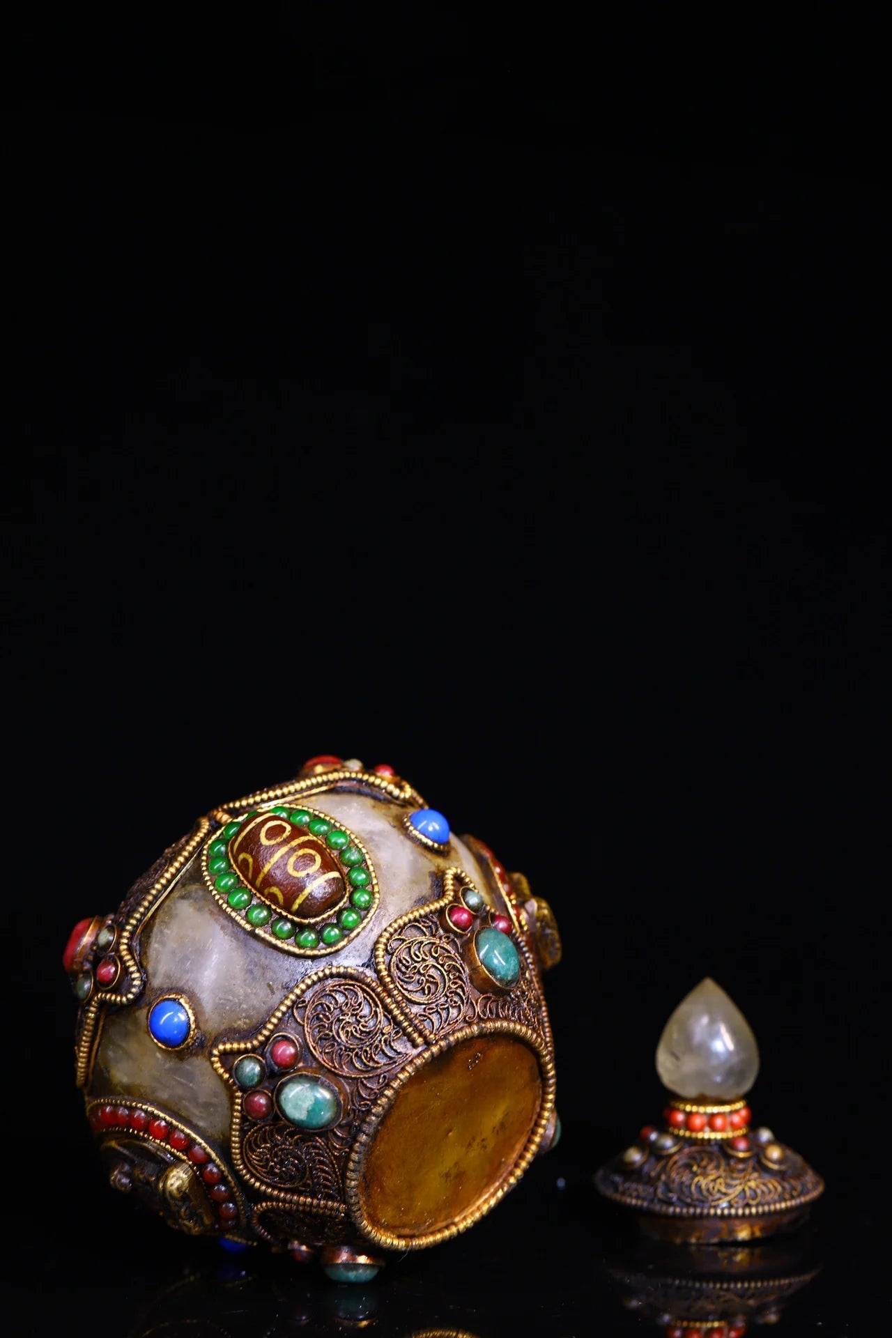 4"Tibet Temple Collection Old Natural Crystal mosaic Gem gZi Beads Buddha Jar Relics jar Amulet Dharma Worship Hall Town house