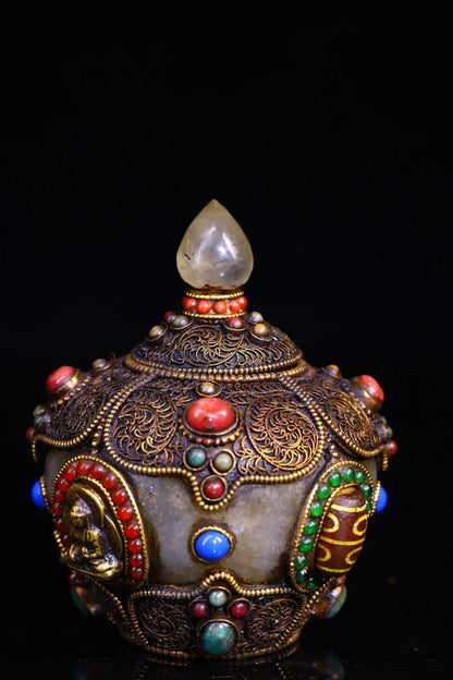 4"Tibet Temple Collection Old Natural Crystal mosaic Gem gZi Beads Buddha Jar Relics jar Amulet Dharma Worship Hall Town house