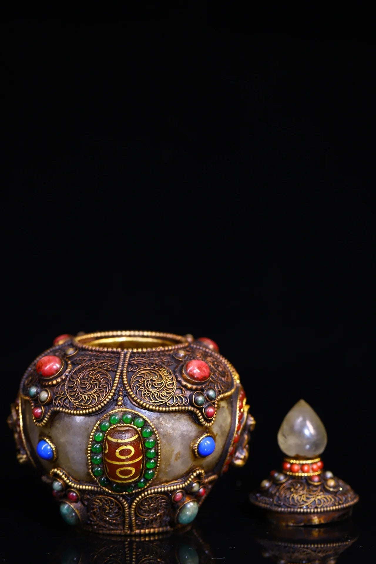 4"Tibet Temple Collection Old Natural Crystal mosaic Gem gZi Beads Buddha Jar Relics jar Amulet Dharma Worship Hall Town house
