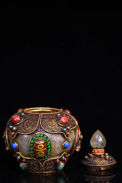 4"Tibet Temple Collection Old Natural Crystal mosaic Gem gZi Beads Buddha Jar Relics jar Amulet Dharma Worship Hall Town house