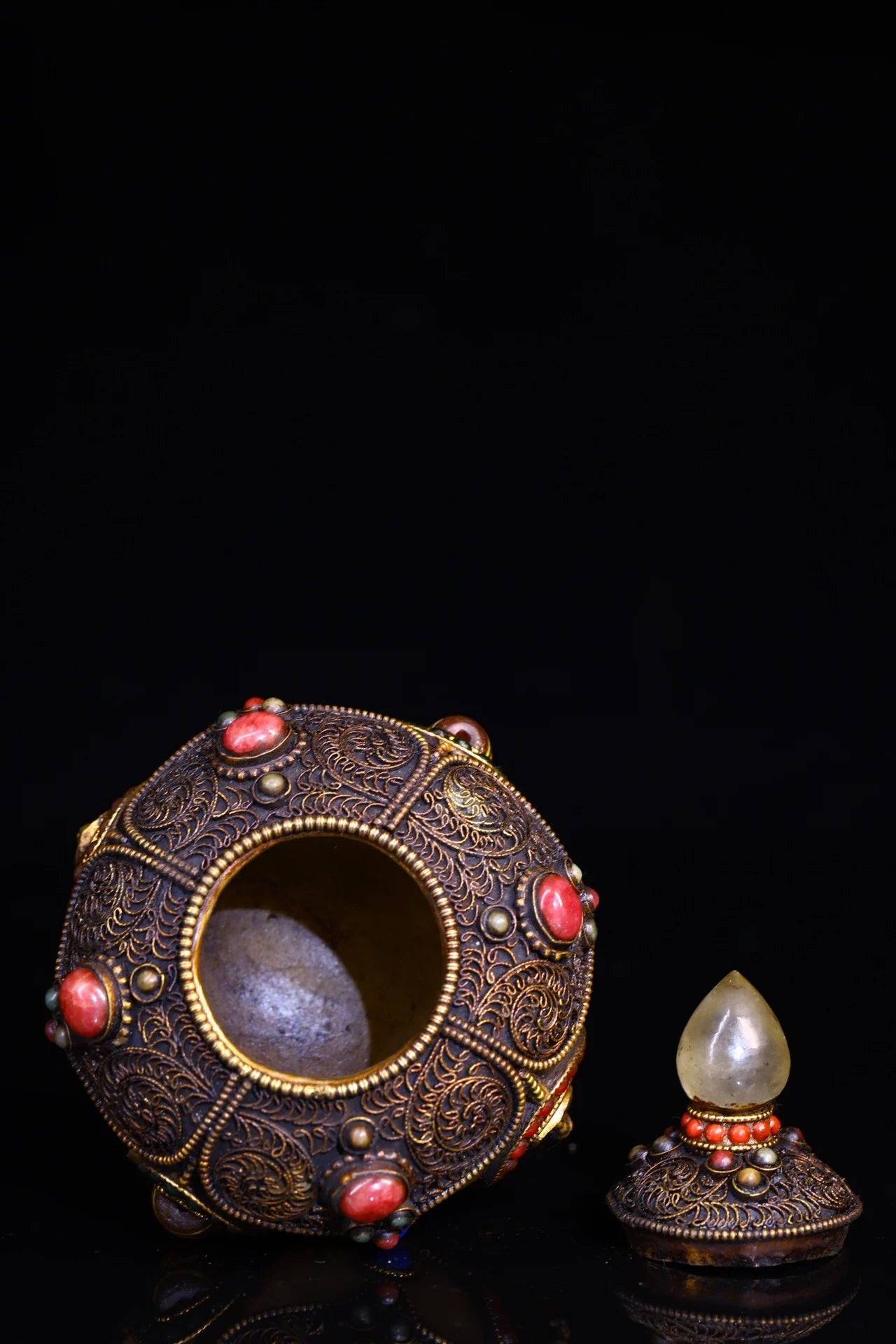 4"Tibet Temple Collection Old Natural Crystal mosaic Gem gZi Beads Buddha Jar Relics jar Amulet Dharma Worship Hall Town house