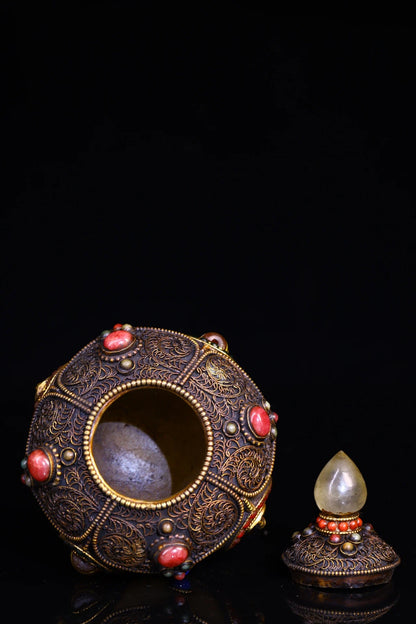 4"Tibet Temple Collection Old Natural Crystal mosaic Gem gZi Beads Buddha Jar Relics jar Amulet Dharma Worship Hall Town house