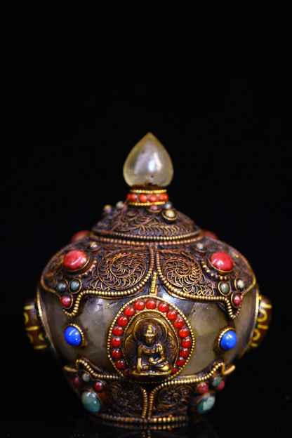 4"Tibet Temple Collection Old Natural Crystal mosaic Gem gZi Beads Buddha Jar Relics jar Amulet Dharma Worship Hall Town house
