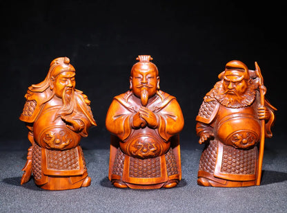4"Tibetan Temple Collection Old Boxwood Hand-carved Taoyuan Sanjie Statue of Liu Guanzhang Three statues Town House Exorcism