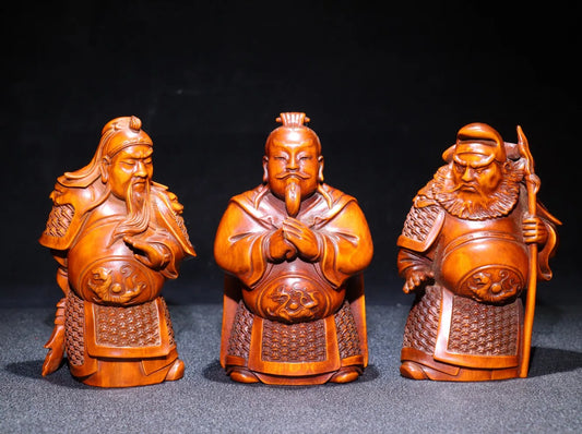 4"Tibetan Temple Collection Old Boxwood Hand-carved Taoyuan Sanjie Statue of Liu Guanzhang Three statues Town House Exorcism