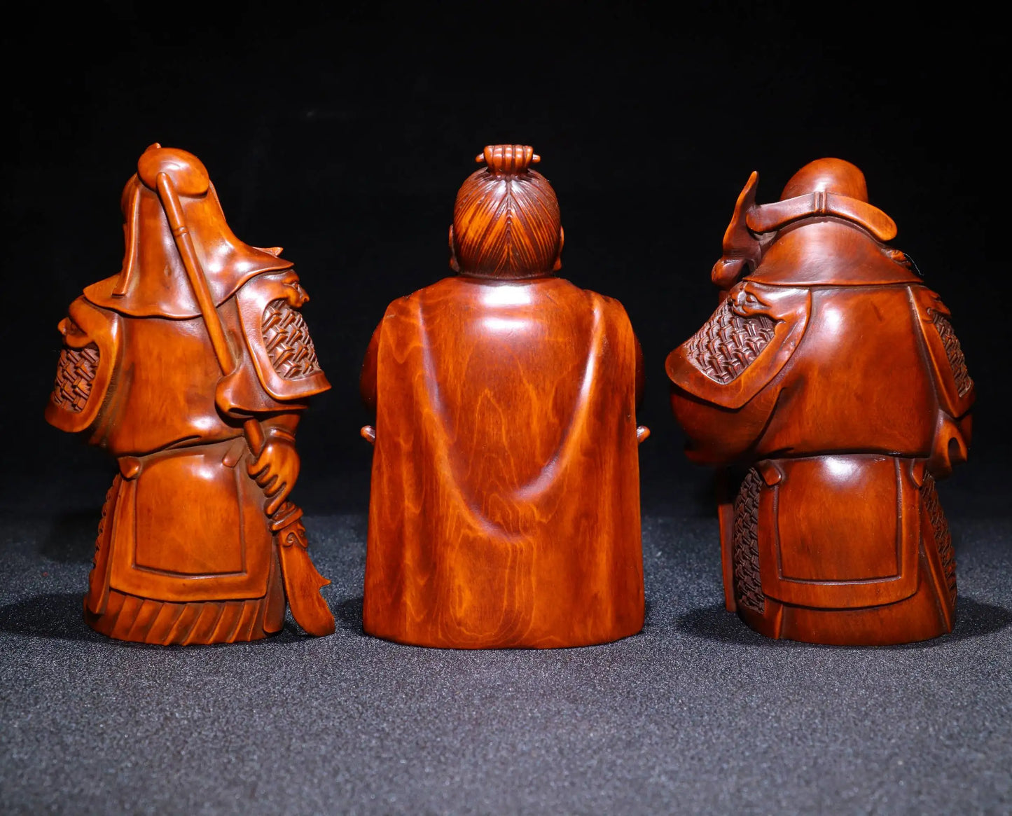 4"Tibetan Temple Collection Old Boxwood Hand-carved Taoyuan Sanjie Statue of Liu Guanzhang Three statues Town House Exorcism